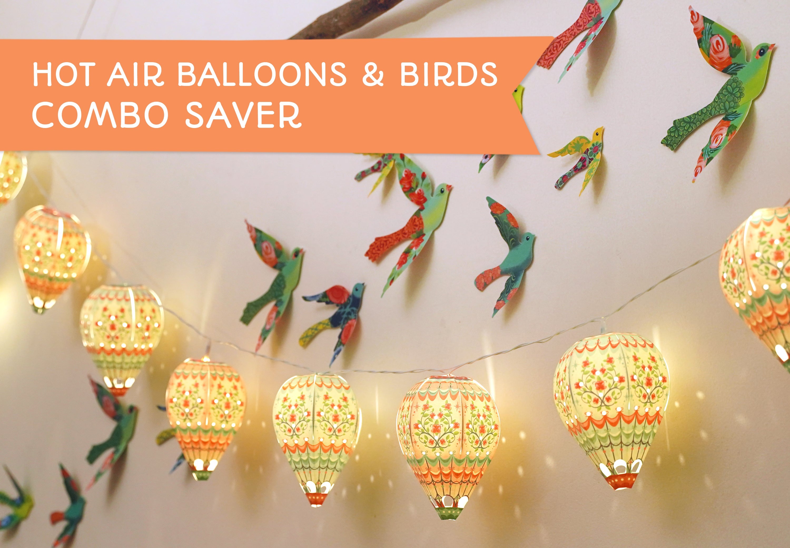 Paper Mini Hot Air Balloon Fairy Lights & Birds Wall Decor Combo | 20% OFF